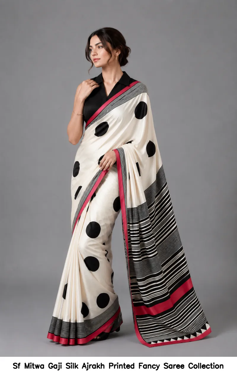Sf Mitwa Gaji Silk Ajrakh Printed Fancy Saree Collection - Image 3