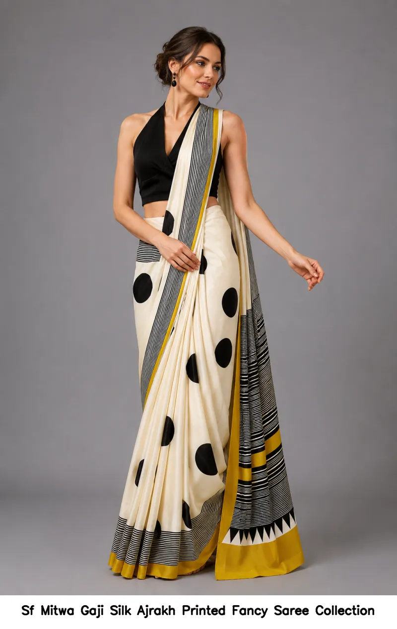 Sf Mitwa Gaji Silk Ajrakh Printed Fancy Saree Collection - Image 4