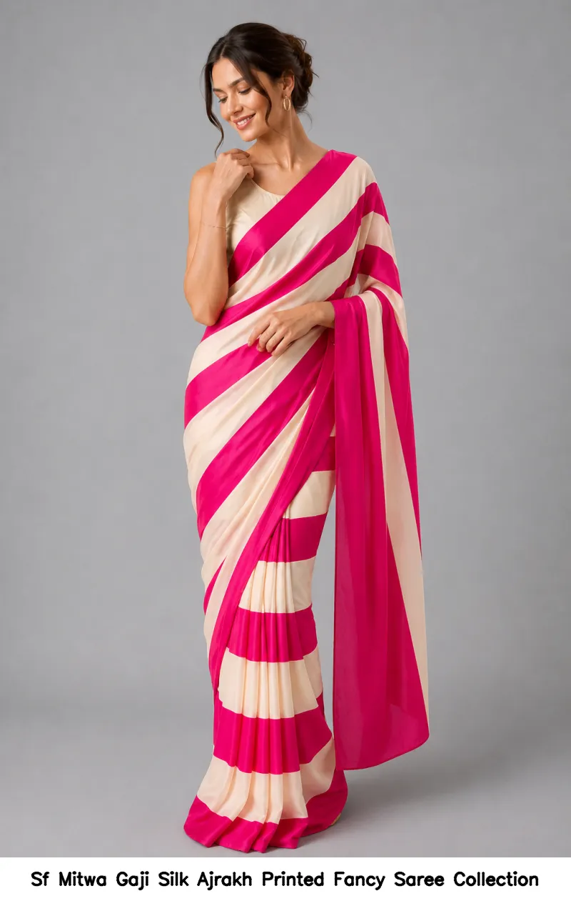 Sf Mitwa Gaji Silk Ajrakh Printed Fancy Saree Collection - Image 6