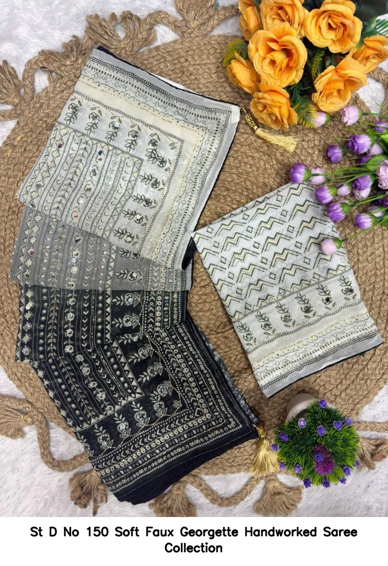 St D No 150 Soft Faux Georgette Handworked Saree Collection - Image 3