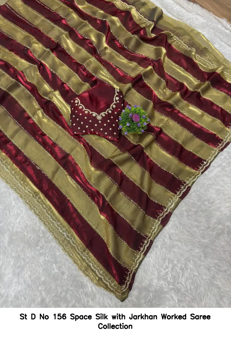 St D No 156 Space Silk with Jarkhan Worked Saree Collection - Image 5