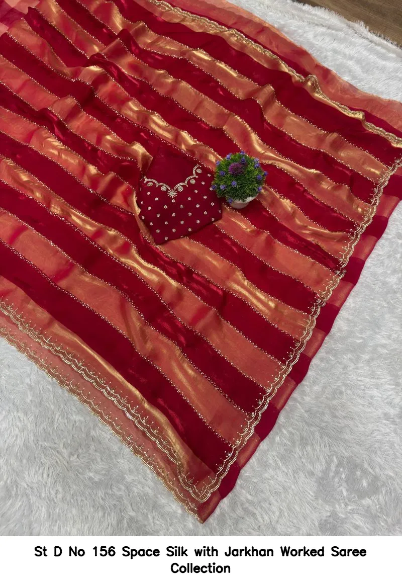 St D No 156 Space Silk with Jarkhan Worked Saree Collection - Image 9