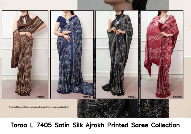 Taraa L 7405 Satin Silk Ajrakh Printed Saree Collection - Image 4