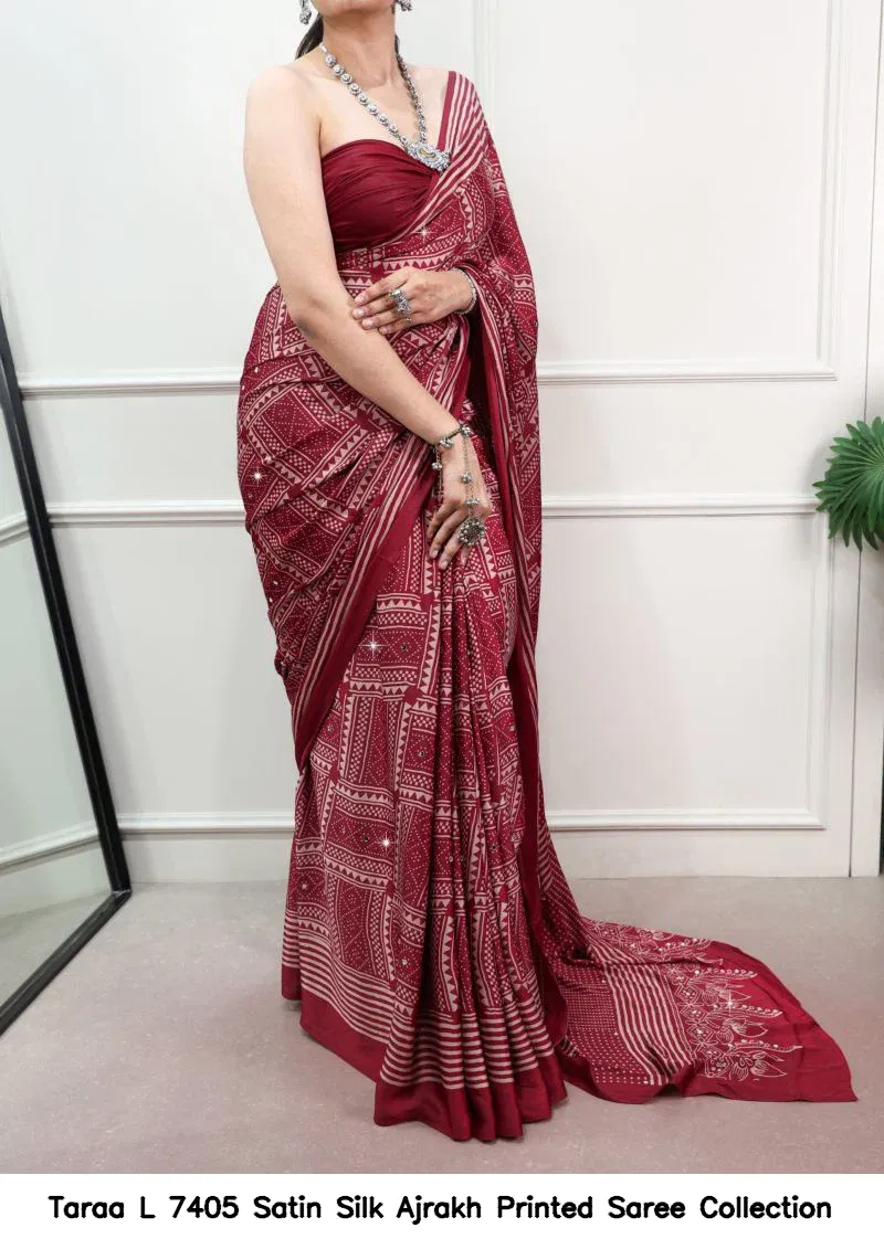 Taraa L 7405 Satin Silk Ajrakh Printed Saree Collection - Image 6