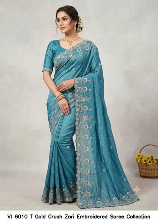 Vt 6010 T Gold Crush Zari Embroidered Saree Collection