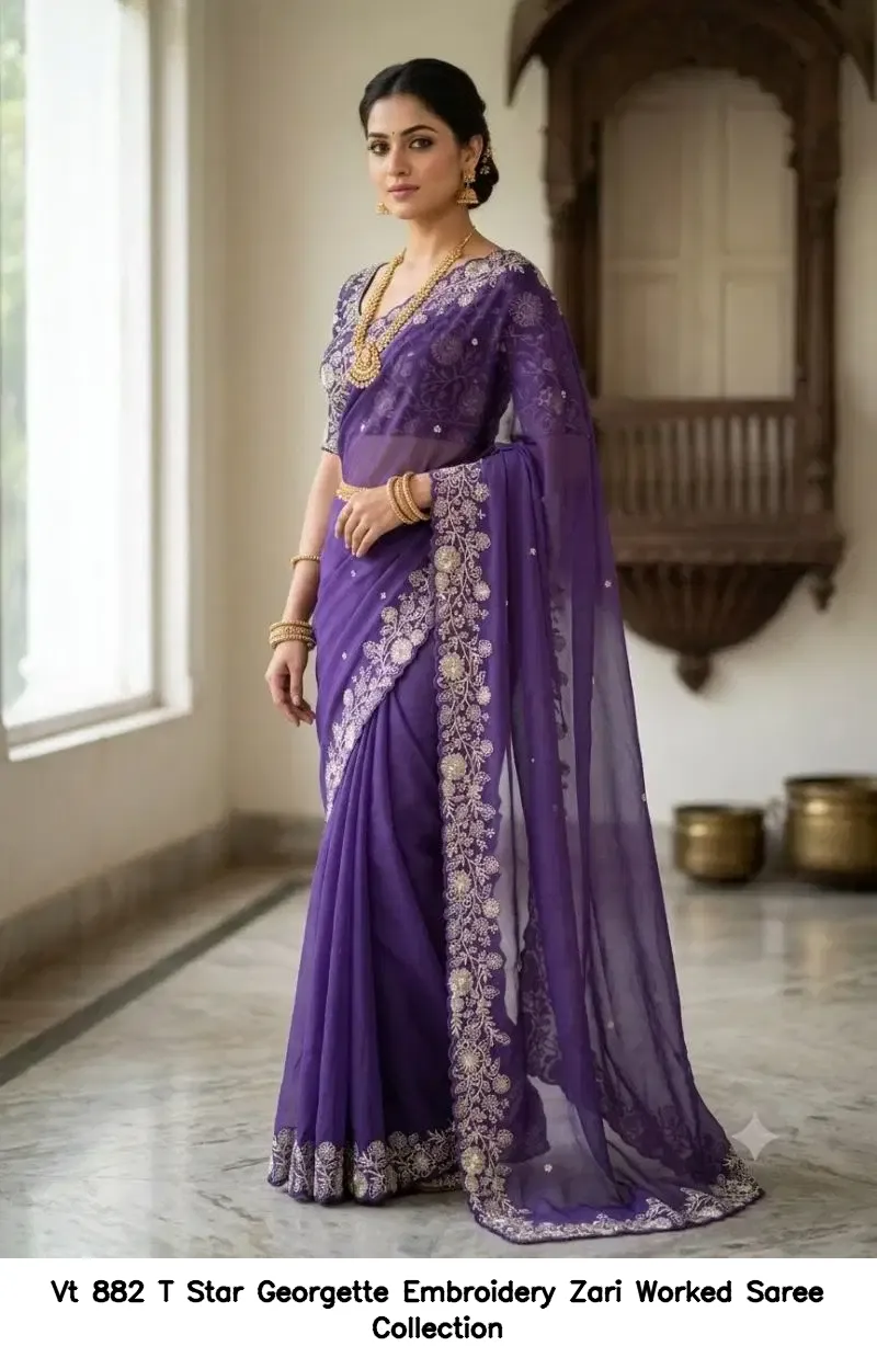 Vt 882 T Star Georgette Embroidery Zari Worked Saree Collection