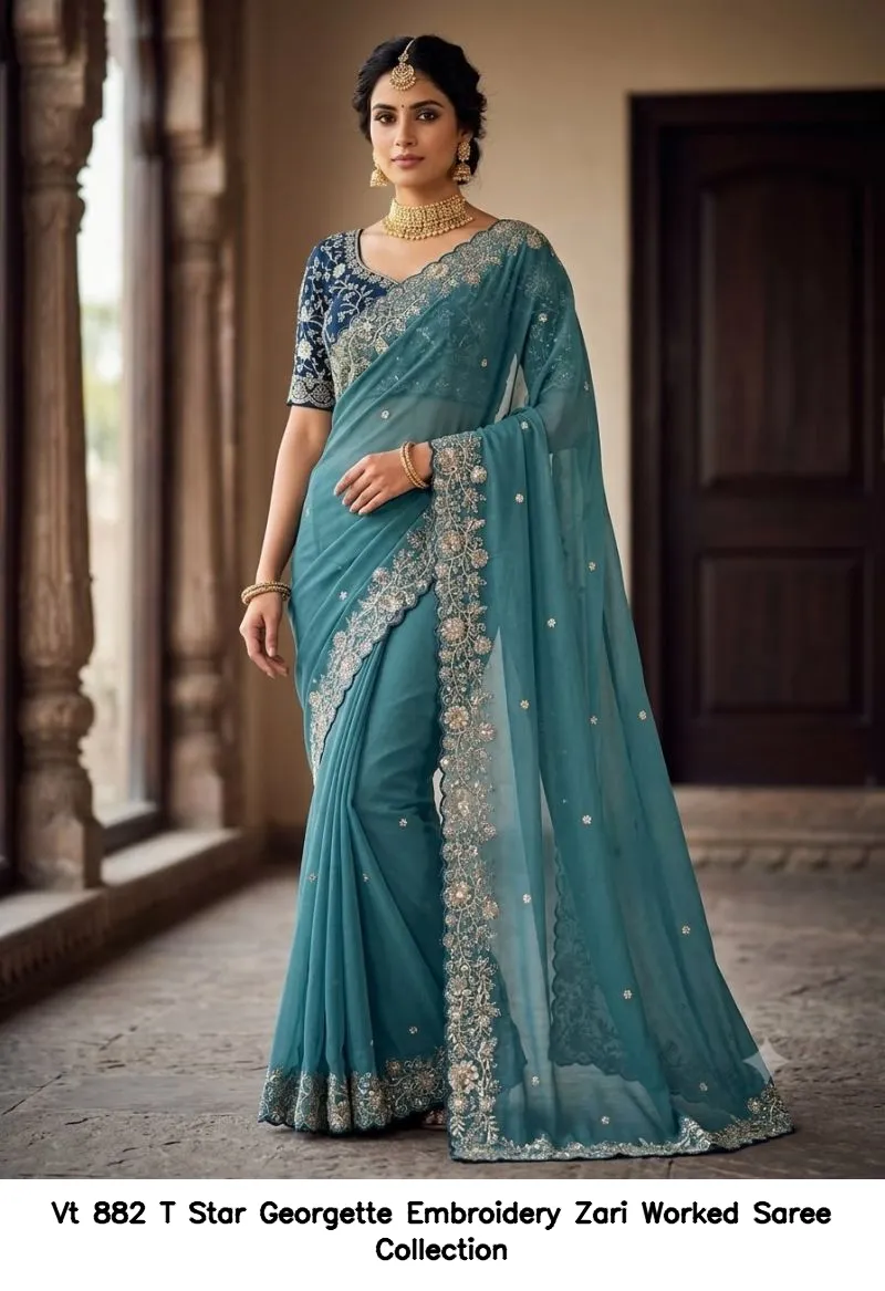 Vt 882 T Star Georgette Embroidery Zari Worked Saree Collection - Image 12