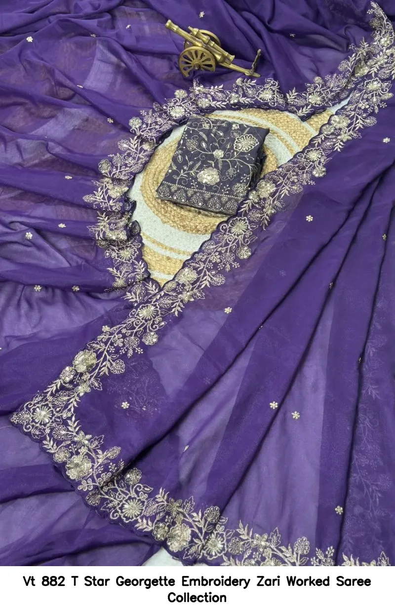 Vt 882 T Star Georgette Embroidery Zari Worked Saree Collection - Image 3