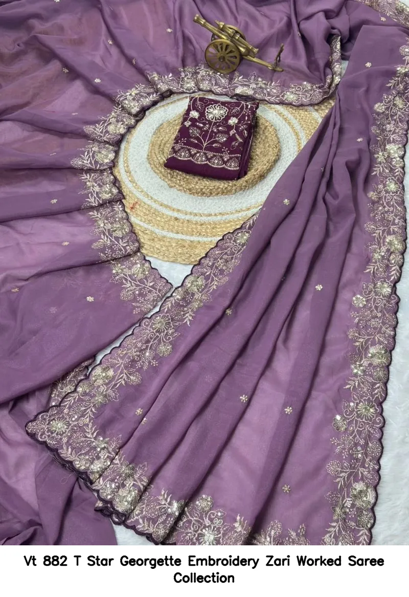 Vt 882 T Star Georgette Embroidery Zari Worked Saree Collection - Image 5