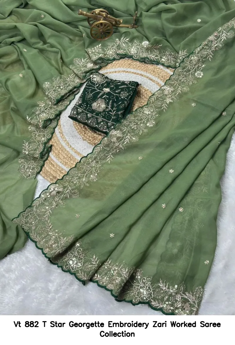 Vt 882 T Star Georgette Embroidery Zari Worked Saree Collection - Image 7