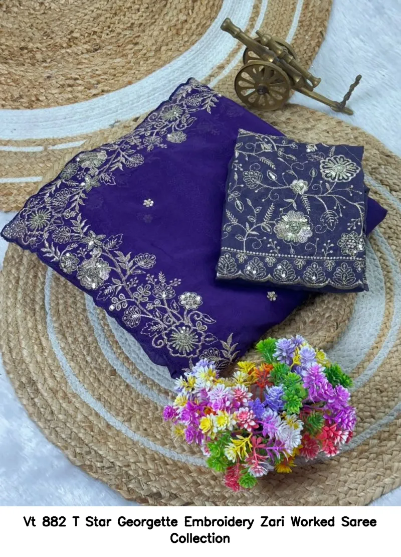 Vt 882 T Star Georgette Embroidery Zari Worked Saree Collection - Image 9