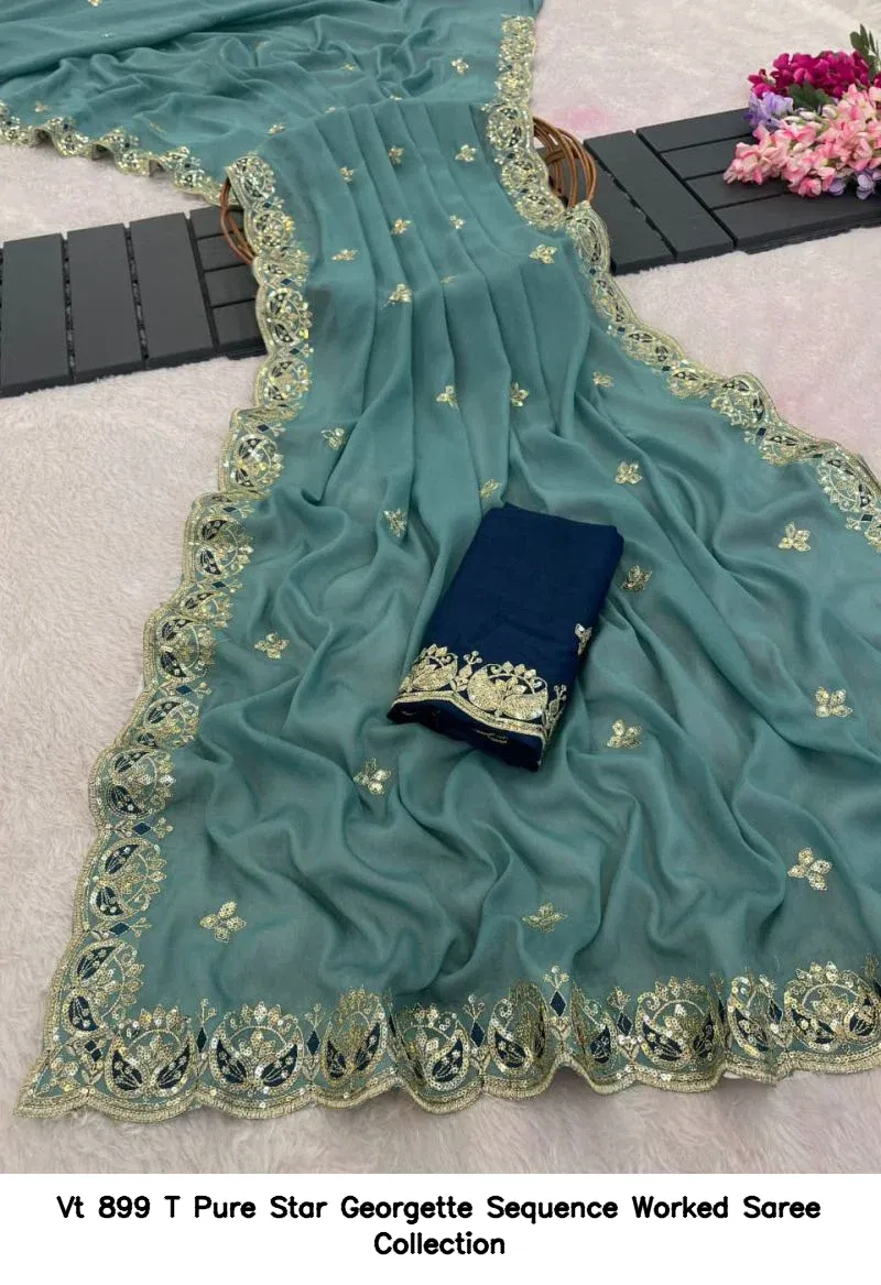 Vt 899 T Pure Star Georgette Sequence Worked Saree Collection - Image 3