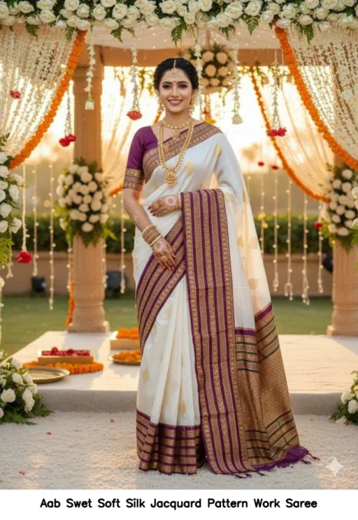 Aab Swet Soft Silk Jacquard Pattern Work Saree