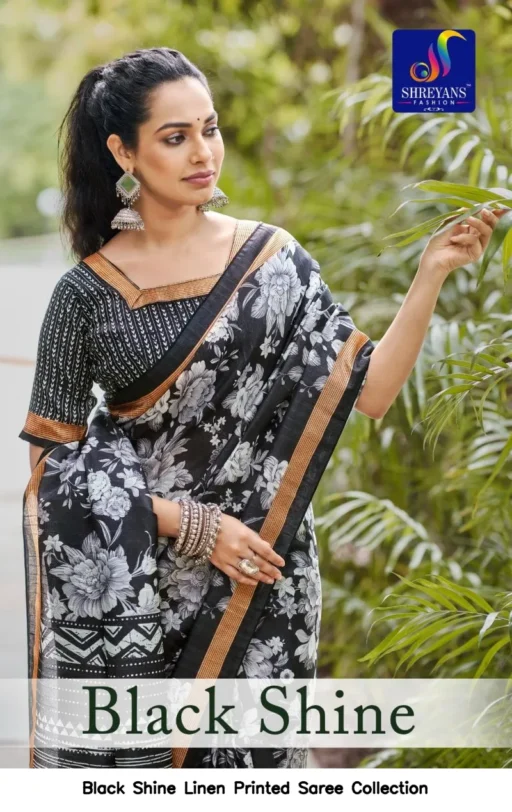 Black Shine Linen Printed Saree Collection