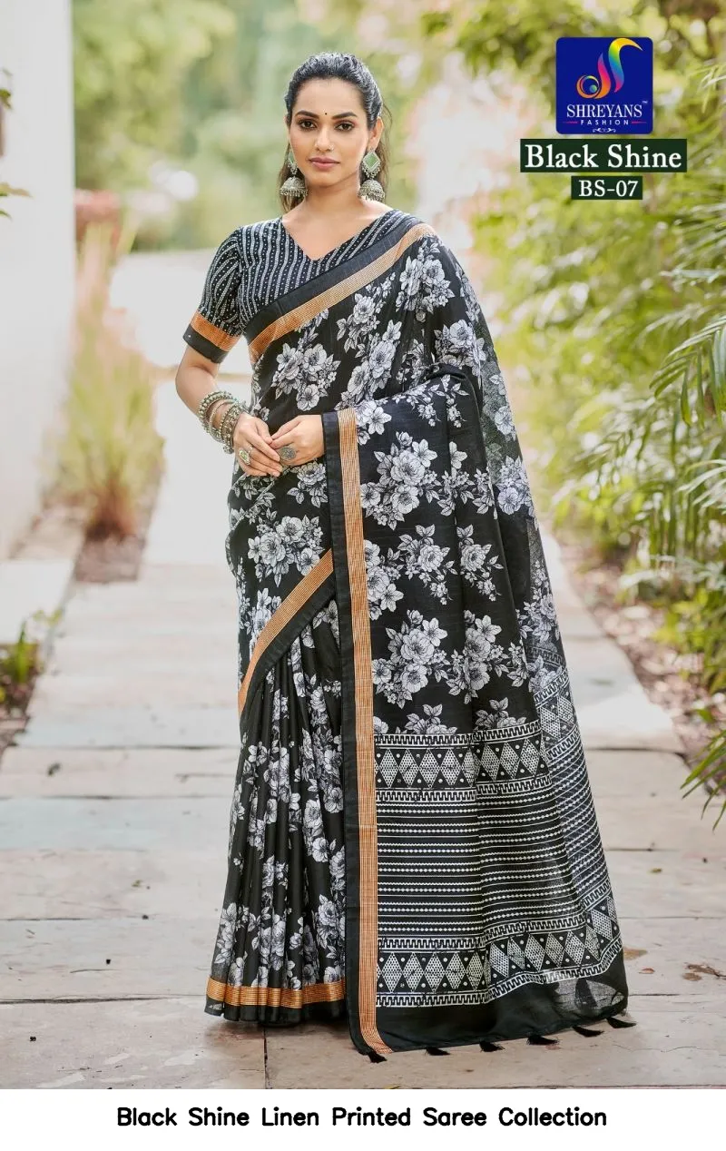 Black Shine Linen Printed Saree Collection - Image 11