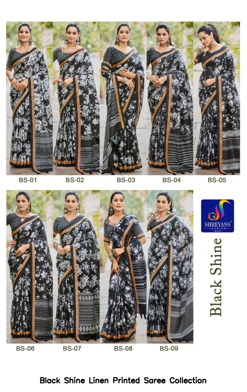 Black Shine Linen Printed Saree Collection - Image 2