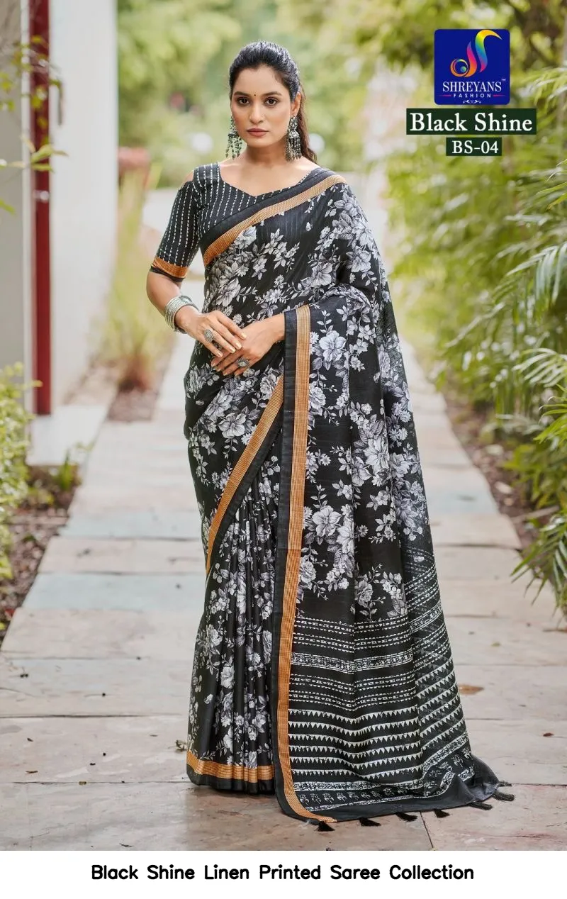 Black Shine Linen Printed Saree Collection - Image 3