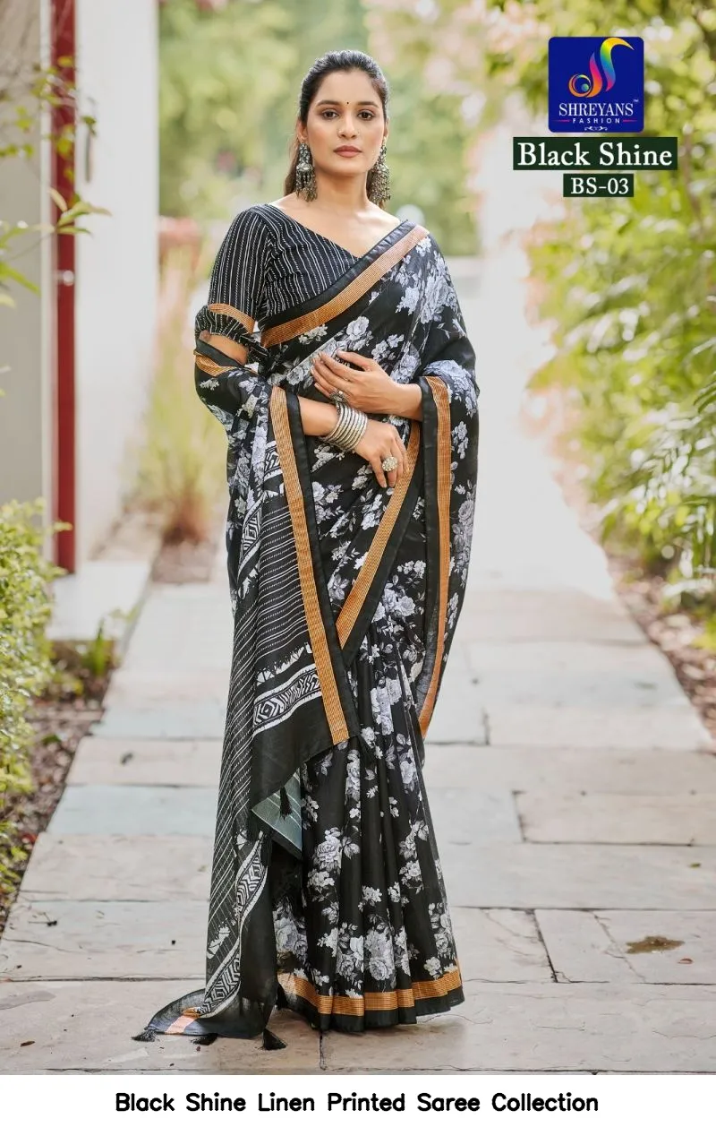Black Shine Linen Printed Saree Collection - Image 4