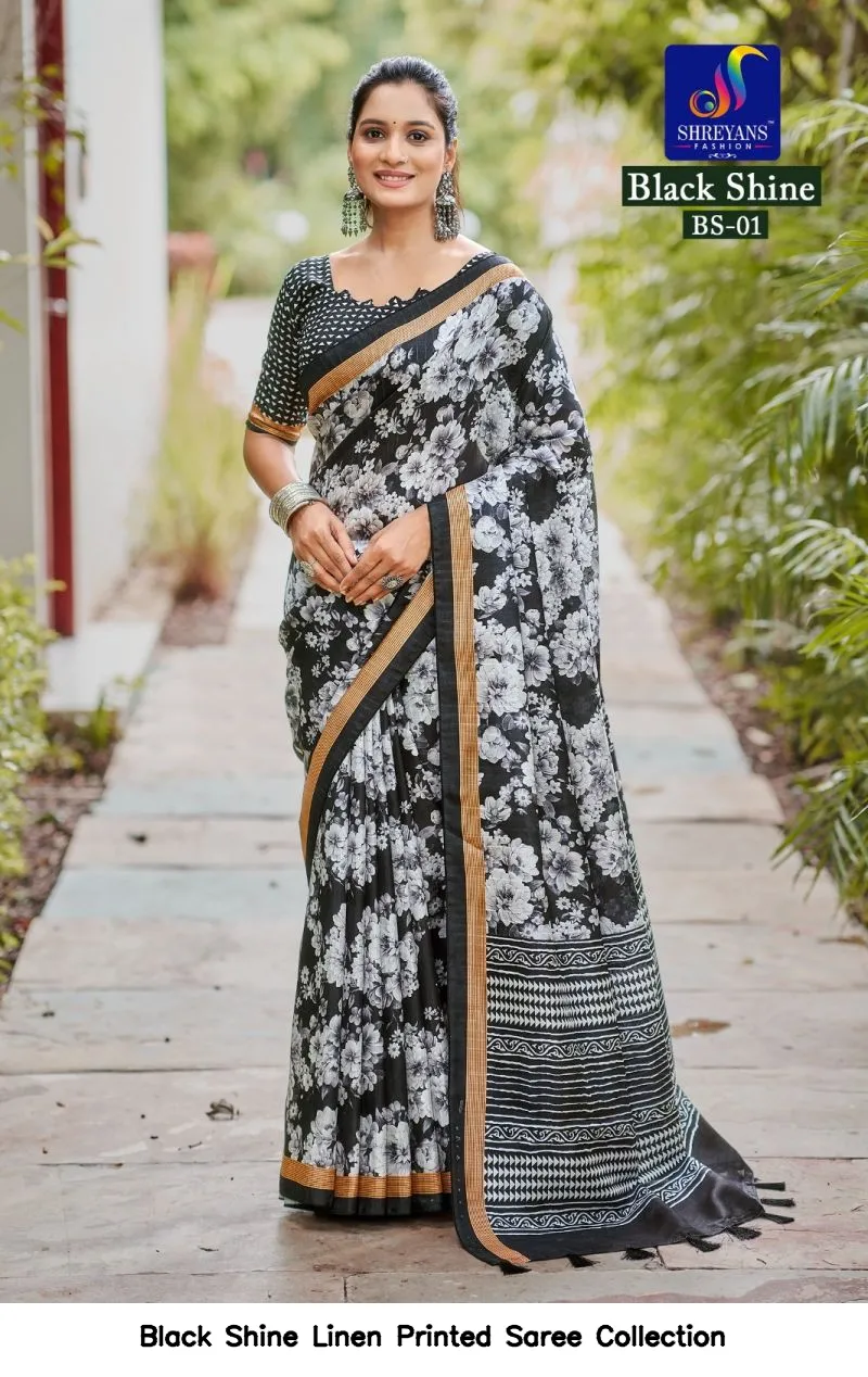 Black Shine Linen Printed Saree Collection - Image 5