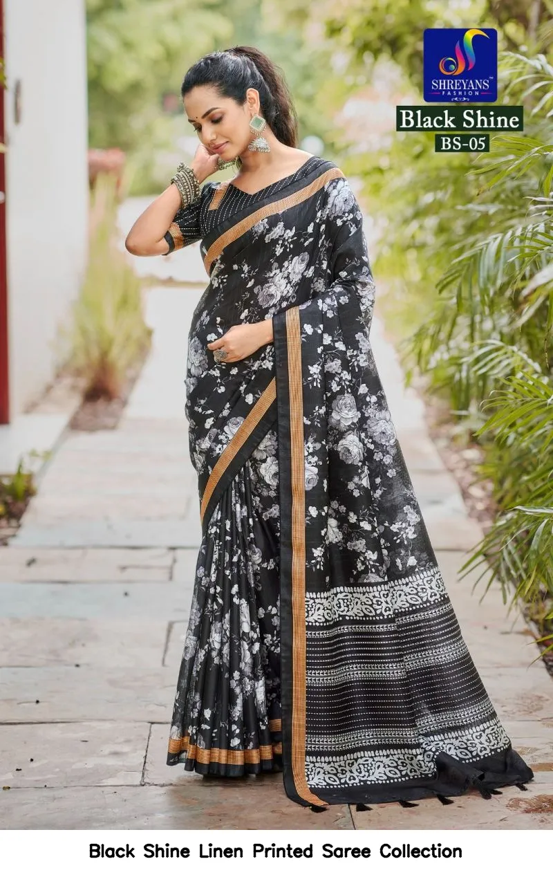 Black Shine Linen Printed Saree Collection - Image 7