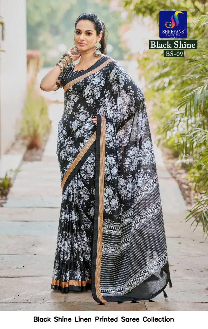 Black Shine Linen Printed Saree Collection - Image 8