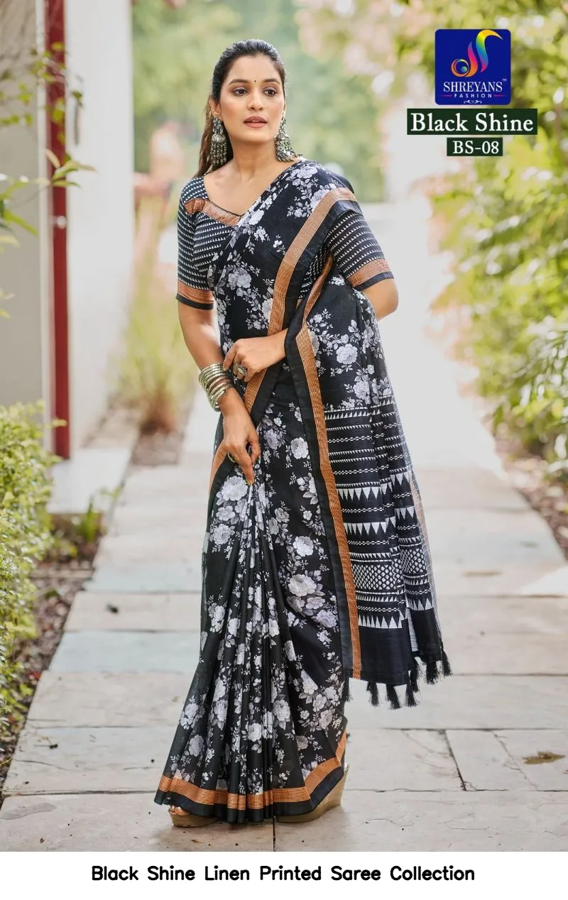 Black Shine Linen Printed Saree Collection - Image 9
