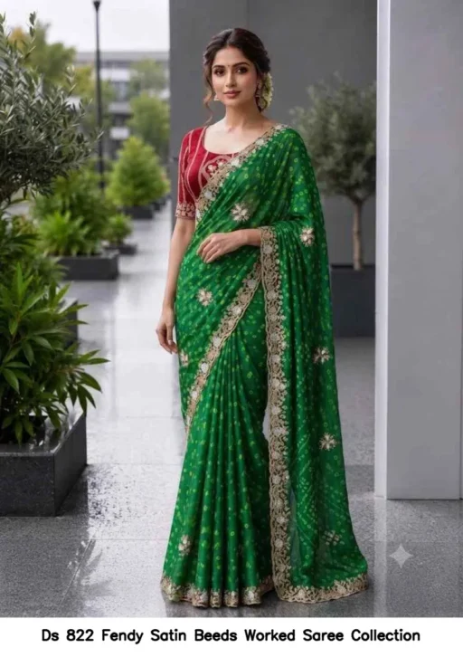 Ds 822 Fendy Satin Beeds Worked Saree Collection