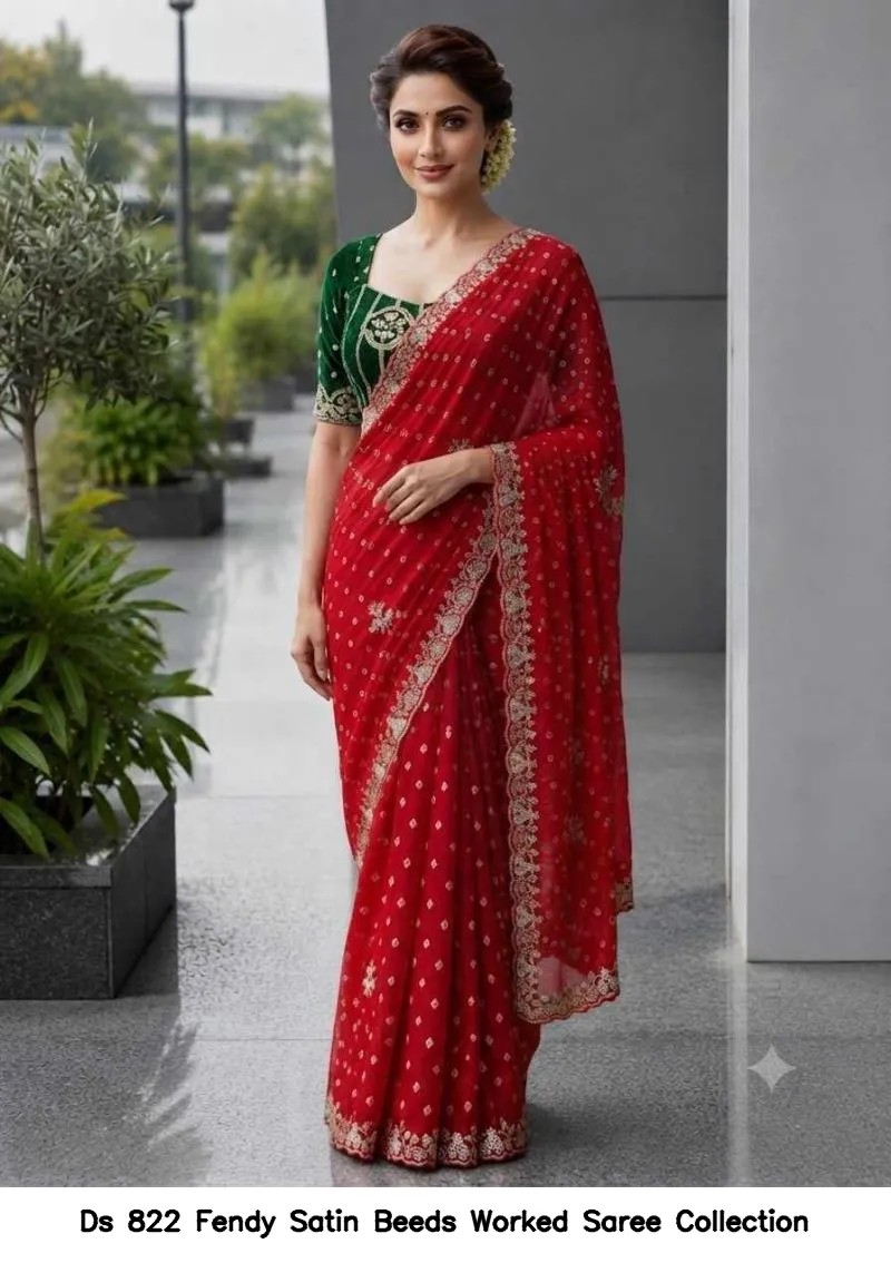 Ds 822 Fendy Satin Beeds Worked Saree Collection - Image 4