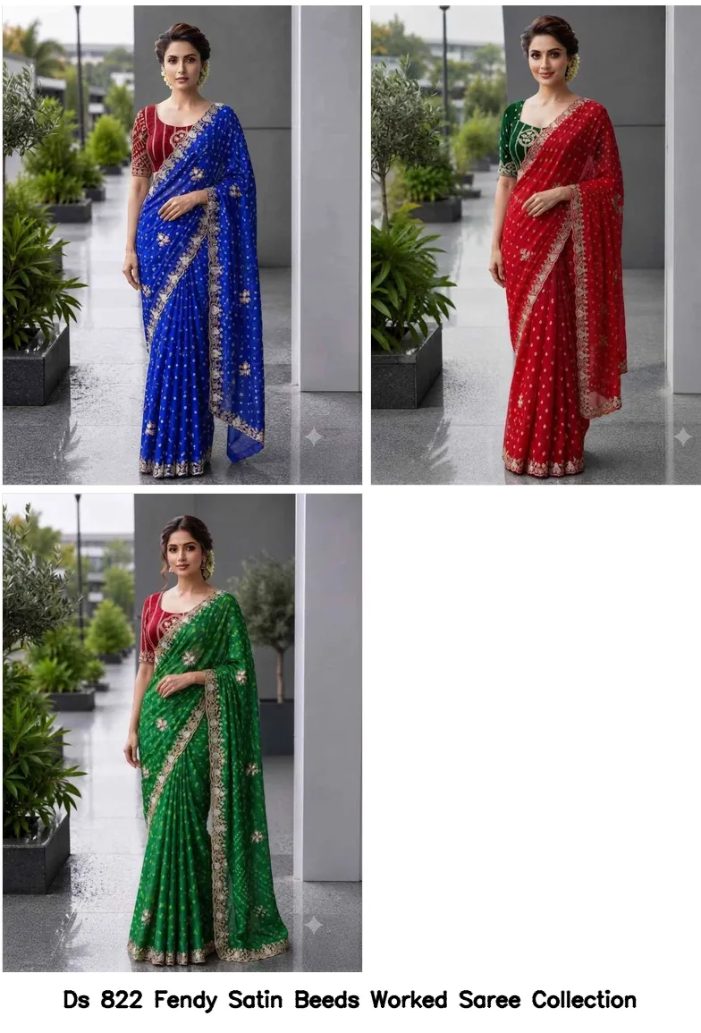 Ds 822 Fendy Satin Beeds Worked Saree Collection - Image 6