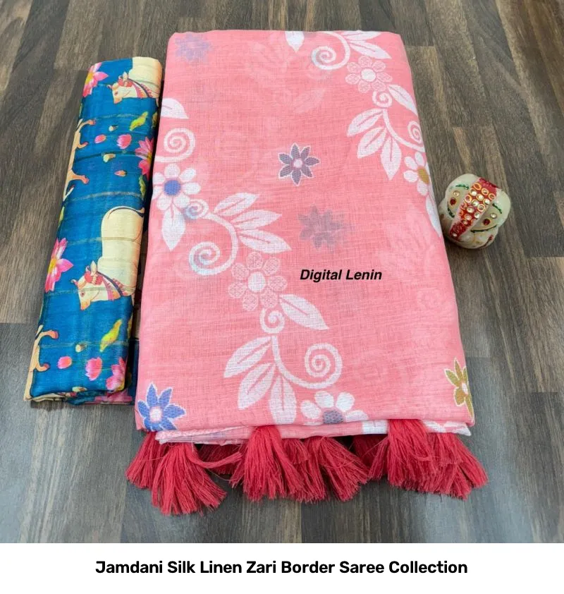 Jamdani Silk Linen Zari Border Saree Collection - Image 2