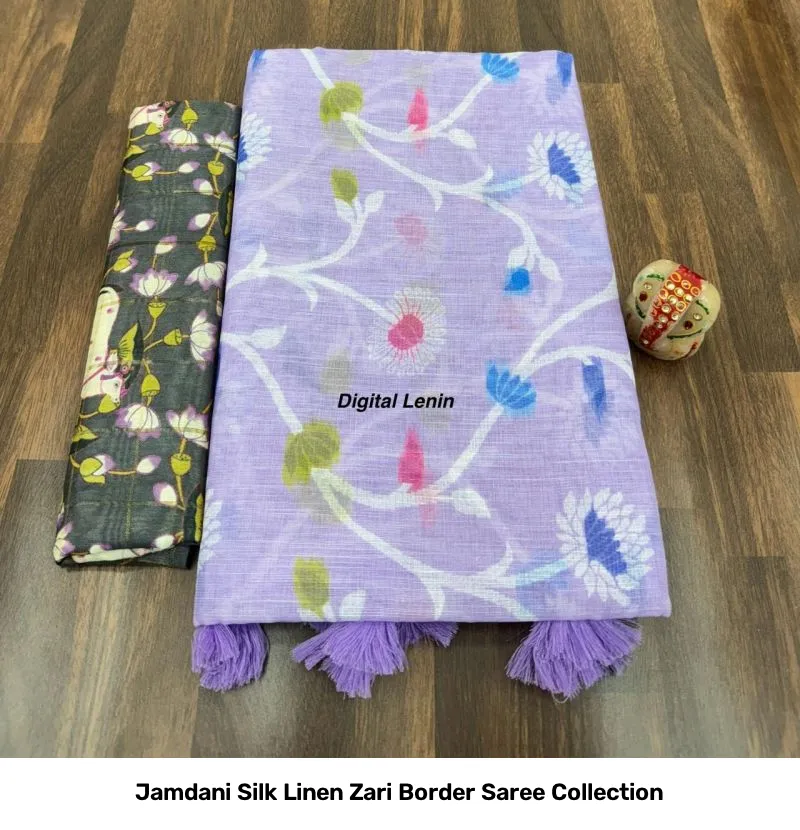 Jamdani Silk Linen Zari Border Saree Collection - Image 3