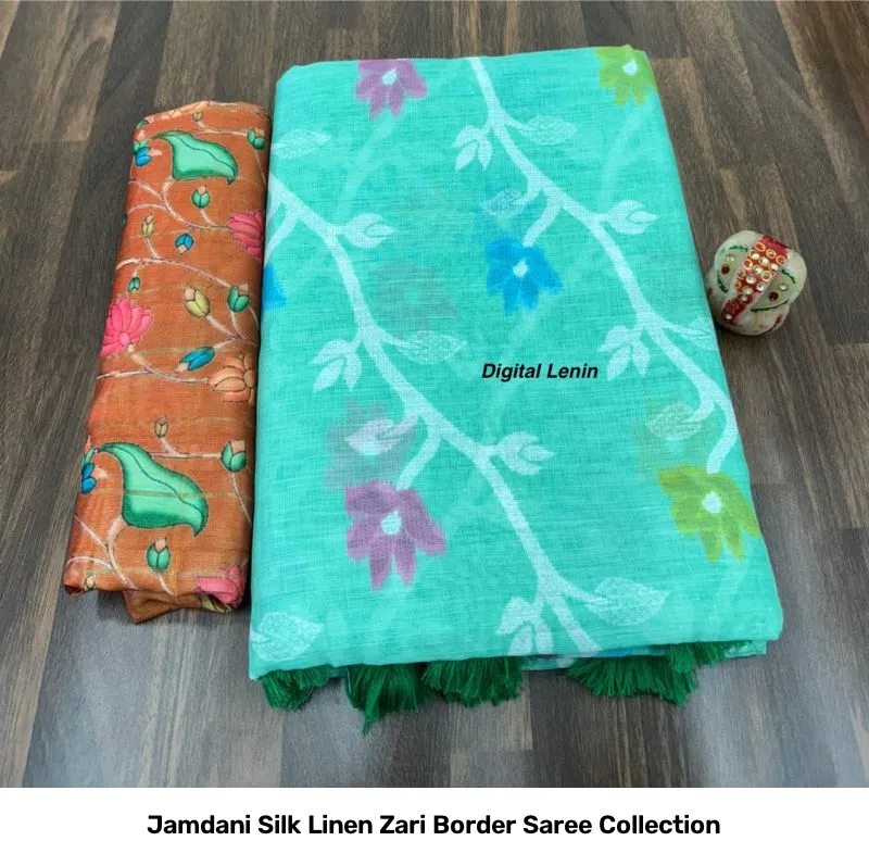Jamdani Silk Linen Zari Border Saree Collection - Image 4