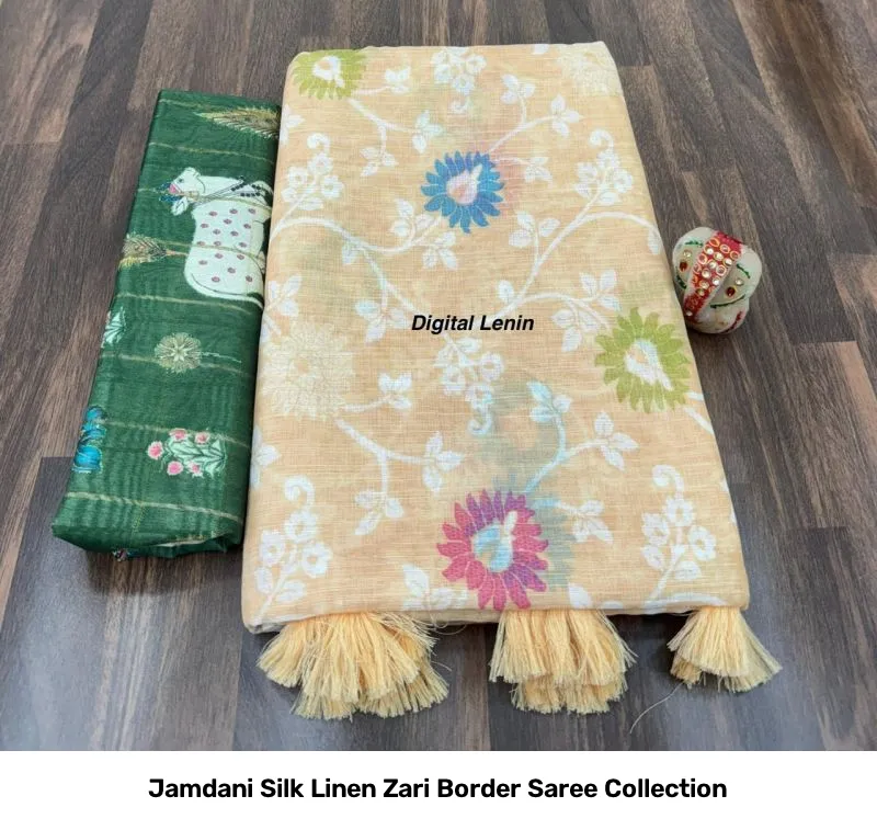Jamdani Silk Linen Zari Border Saree Collection - Image 6