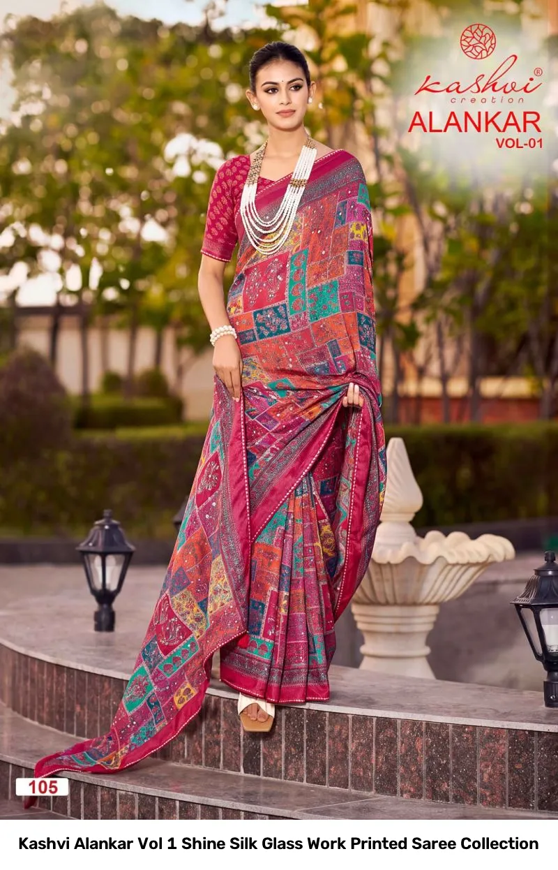 Kashvi Alankar Vol 1 Shine Silk Glass Work Printed Saree Collection - Image 10