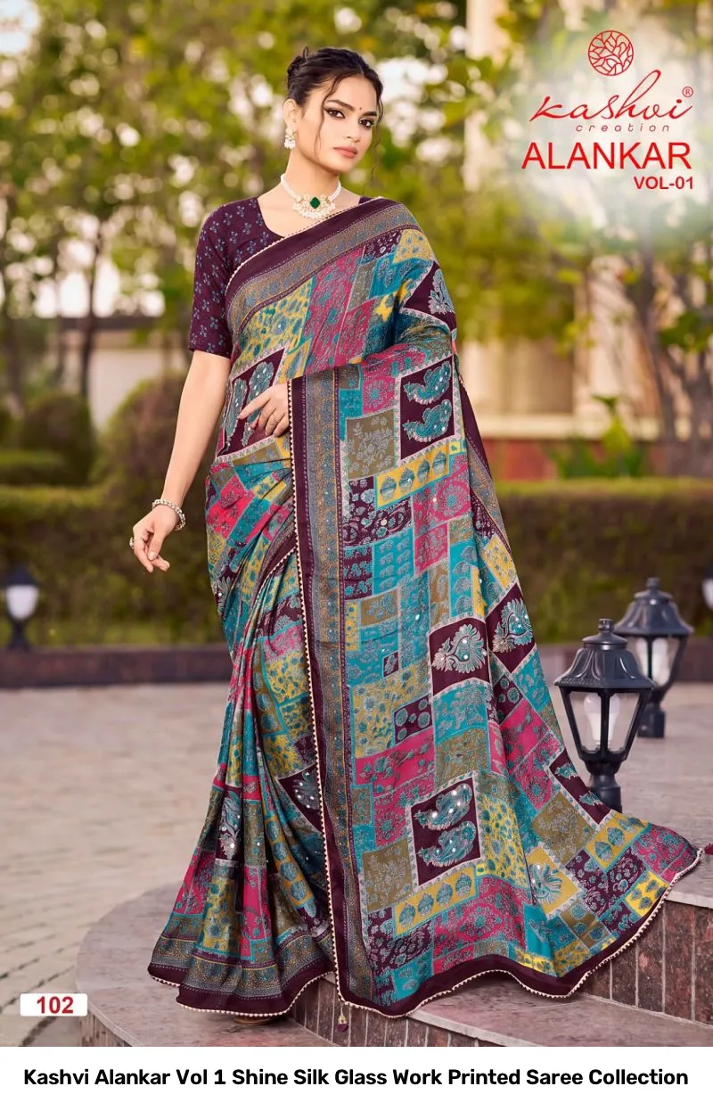 Kashvi Alankar Vol 1 Shine Silk Glass Work Printed Saree Collection - Image 3