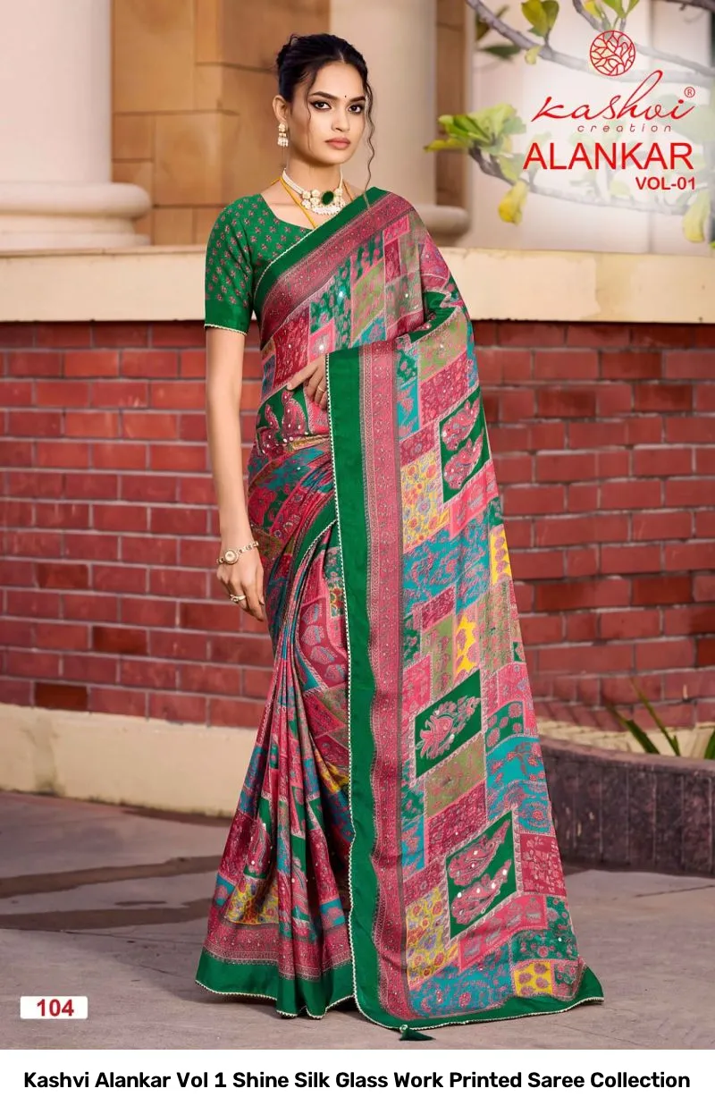 Kashvi Alankar Vol 1 Shine Silk Glass Work Printed Saree Collection - Image 4