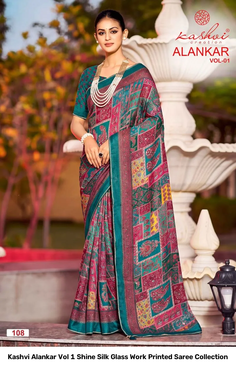 Kashvi Alankar Vol 1 Shine Silk Glass Work Printed Saree Collection - Image 5