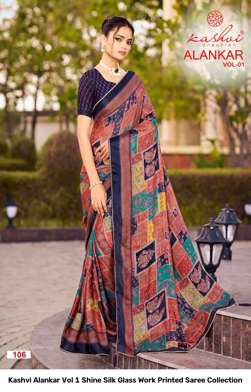 Kashvi Alankar Vol 1 Shine Silk Glass Work Printed Saree Collection - Image 6