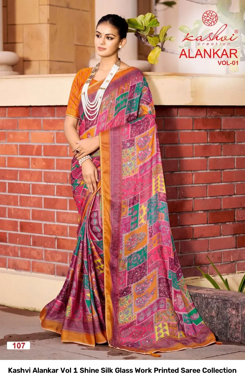 Kashvi Alankar Vol 1 Shine Silk Glass Work Printed Saree Collection - Image 7