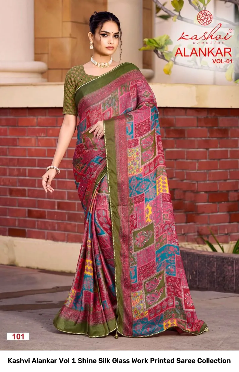 Kashvi Alankar Vol 1 Shine Silk Glass Work Printed Saree Collection - Image 8
