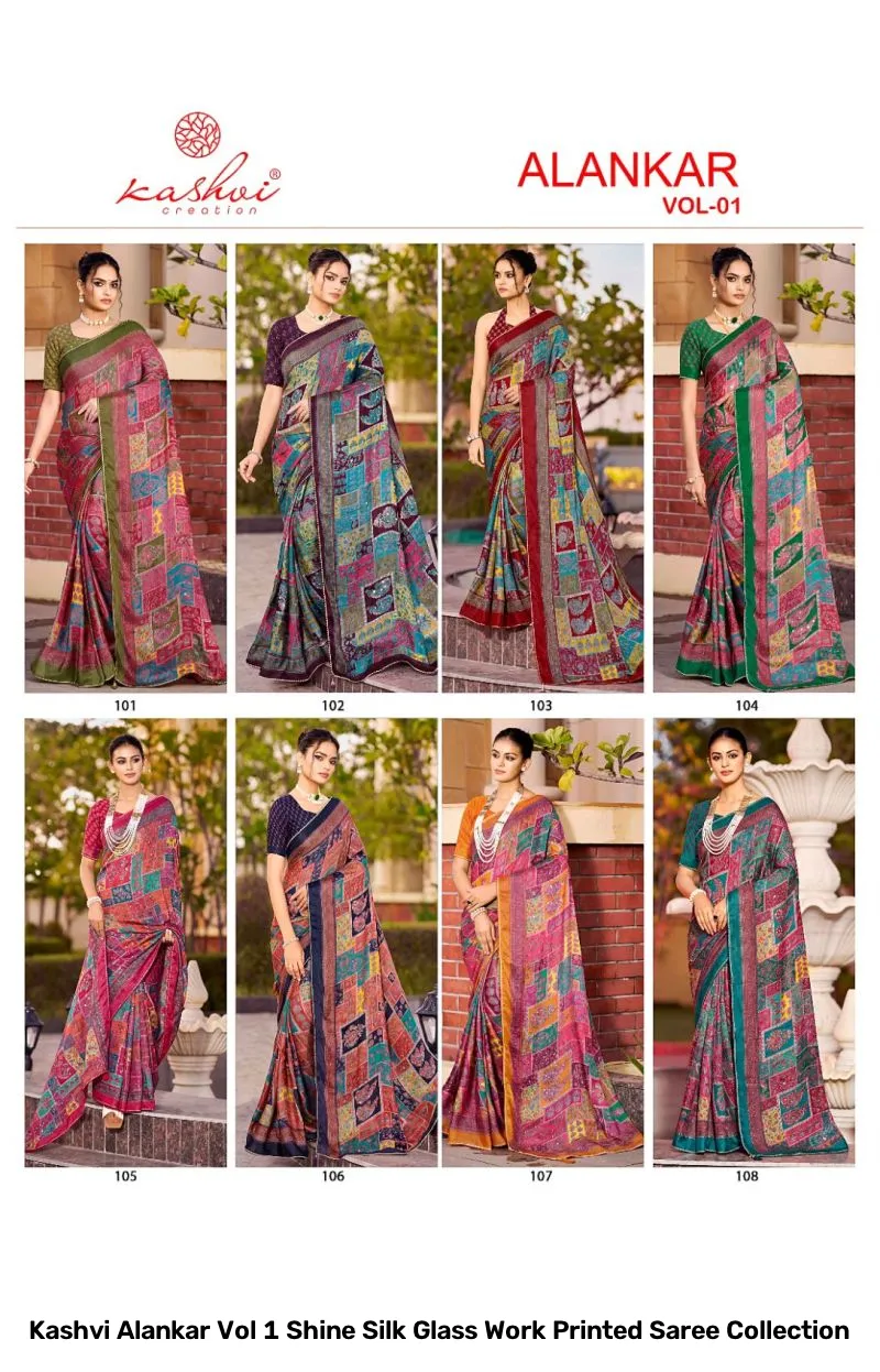 Kashvi Alankar Vol 1 Shine Silk Glass Work Printed Saree Collection - Image 9