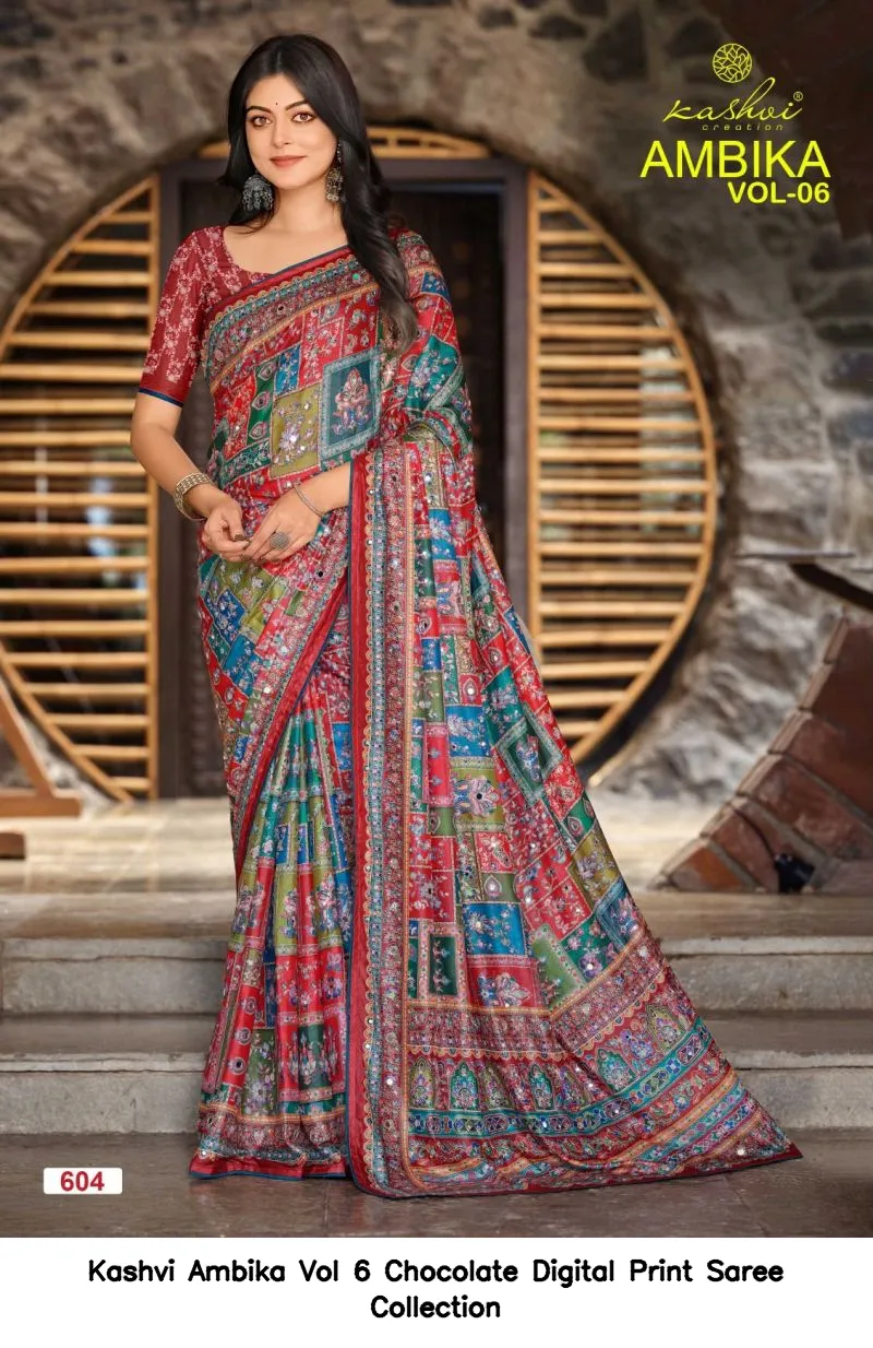 Kashvi Ambika Vol 6 Chocolate Digital Print Saree Collection - Image 3