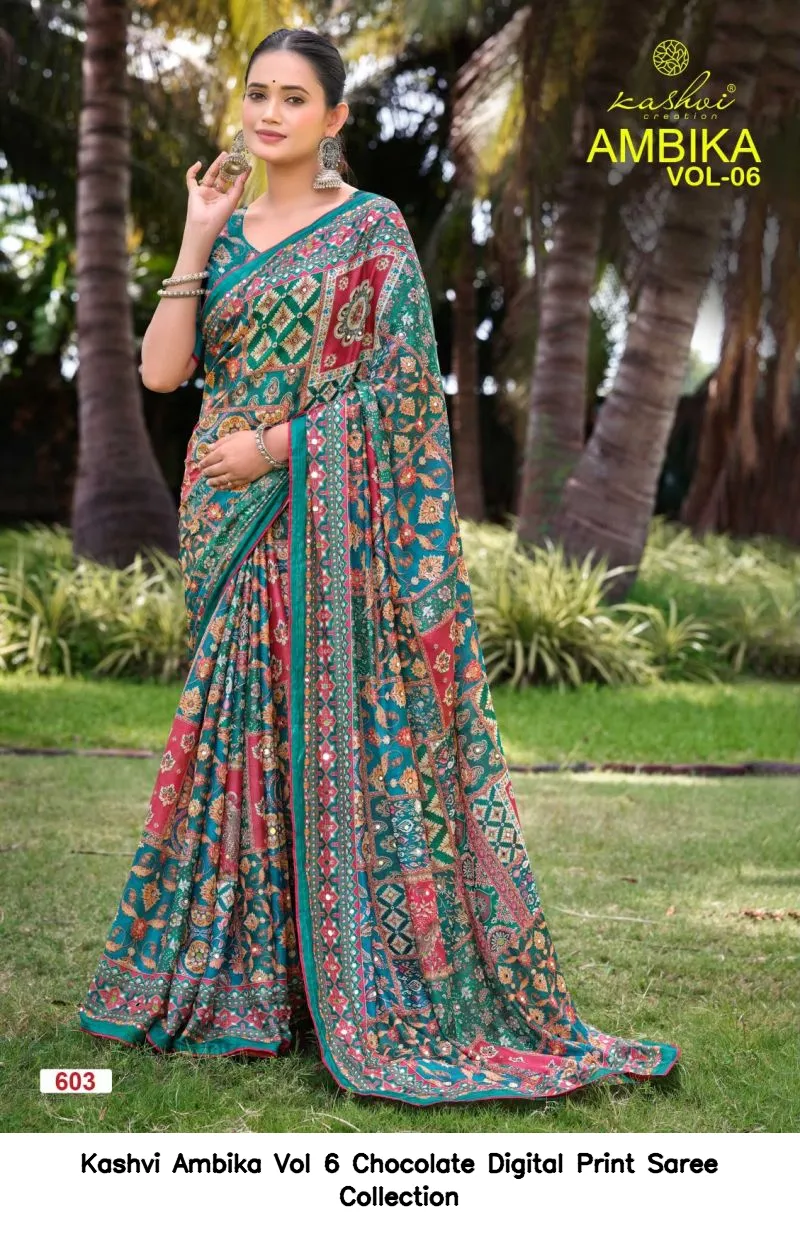 Kashvi Ambika Vol 6 Chocolate Digital Print Saree Collection - Image 4