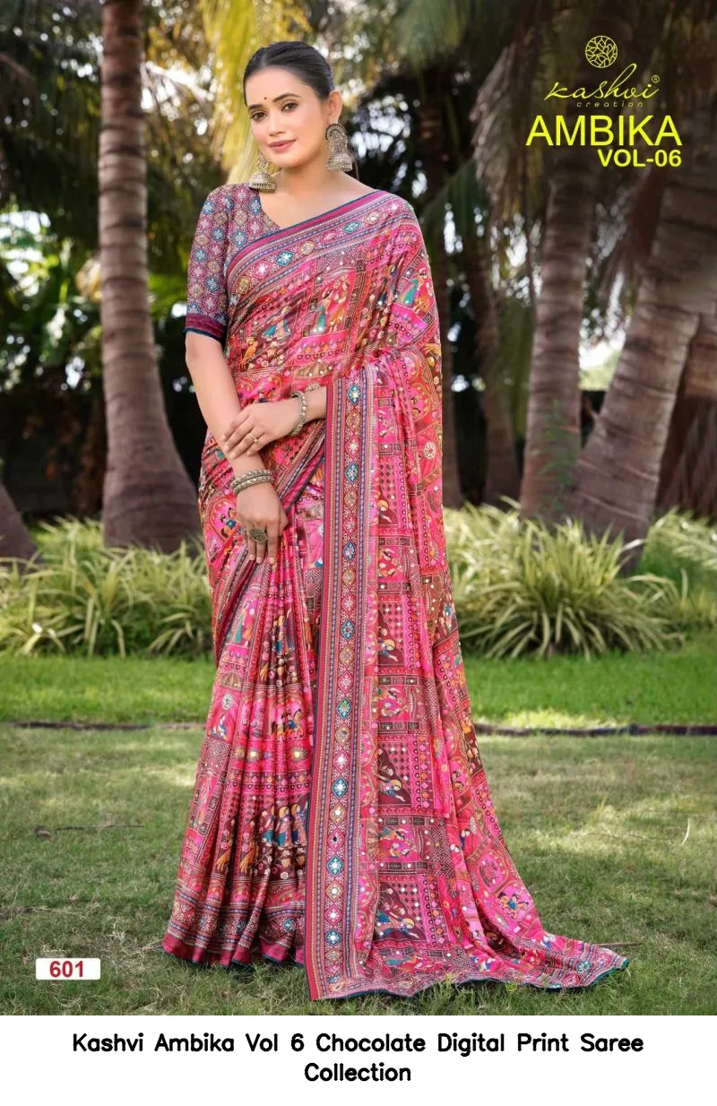 Kashvi Ambika Vol 6 Chocolate Digital Print Saree Collection - Image 5