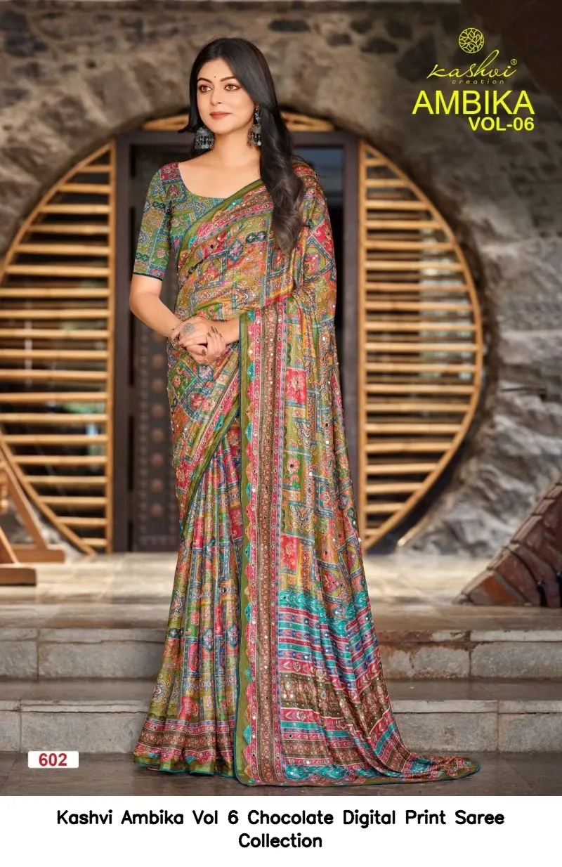 Kashvi Ambika Vol 6 Chocolate Digital Print Saree Collection - Image 6