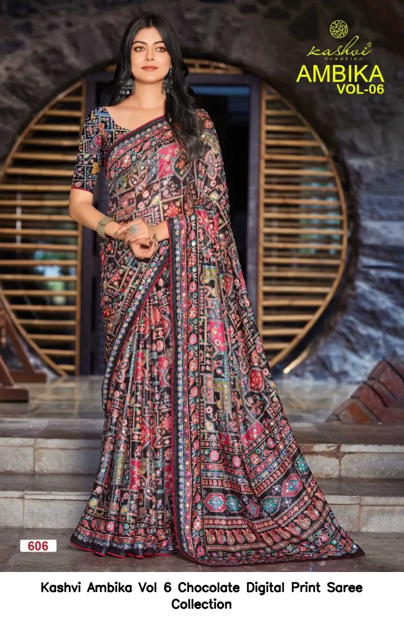 Kashvi Ambika Vol 6 Chocolate Digital Print Saree Collection - Image 8