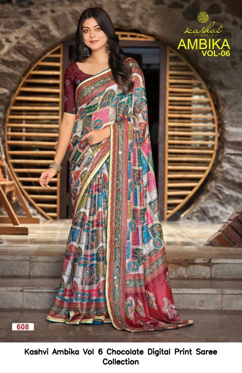 Kashvi Ambika Vol 6 Chocolate Digital Print Saree Collection - Image 9