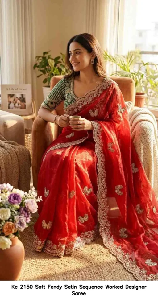 Kc 2150 Soft Fendy Satin Sequence Worked Designer Saree