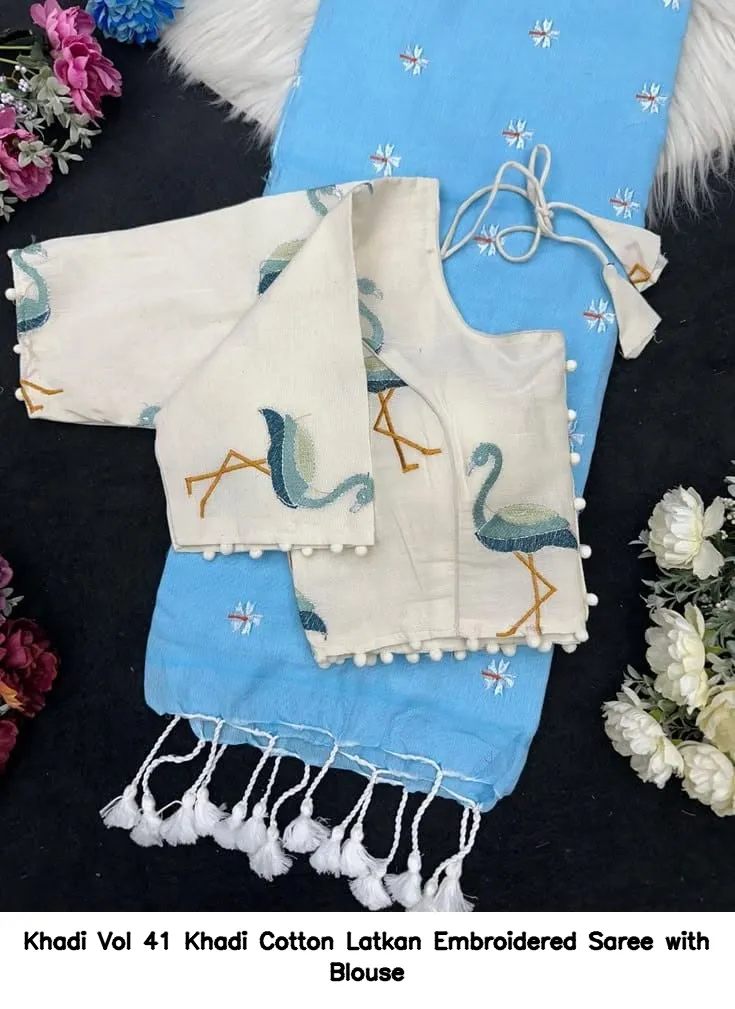 Khadi Vol 41 Khadi Cotton Latkan Embroidered Saree with Blouse - Image 3