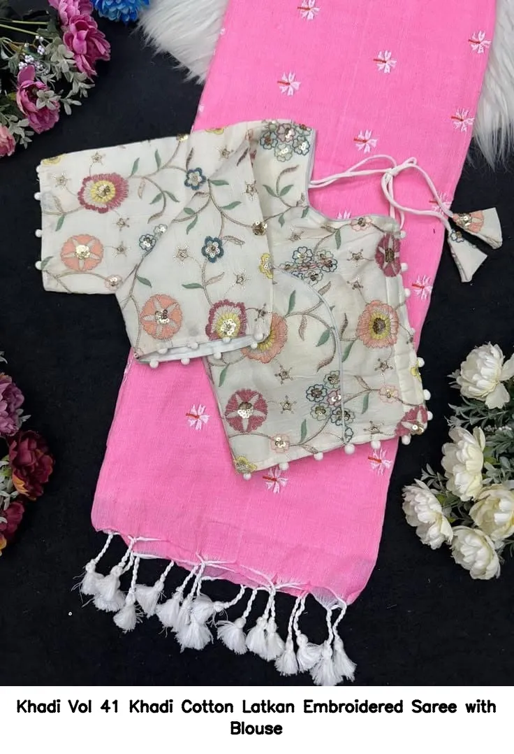 Khadi Vol 41 Khadi Cotton Latkan Embroidered Saree with Blouse - Image 4